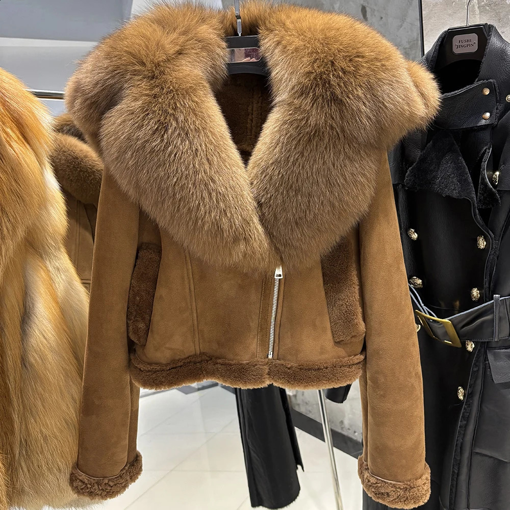 YOLOAgain 2025 Winter Warm Hooded Suede Shearling Jacket Coat Women Real Fox Fur Jacket 250920