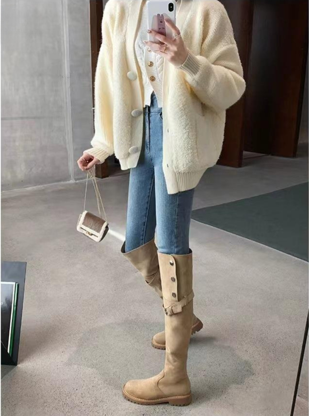 Light luxury and elegant French style knee high boots, autumn and winter thick soled boots, thick wool cotton boots, warm snow boots, designer boots