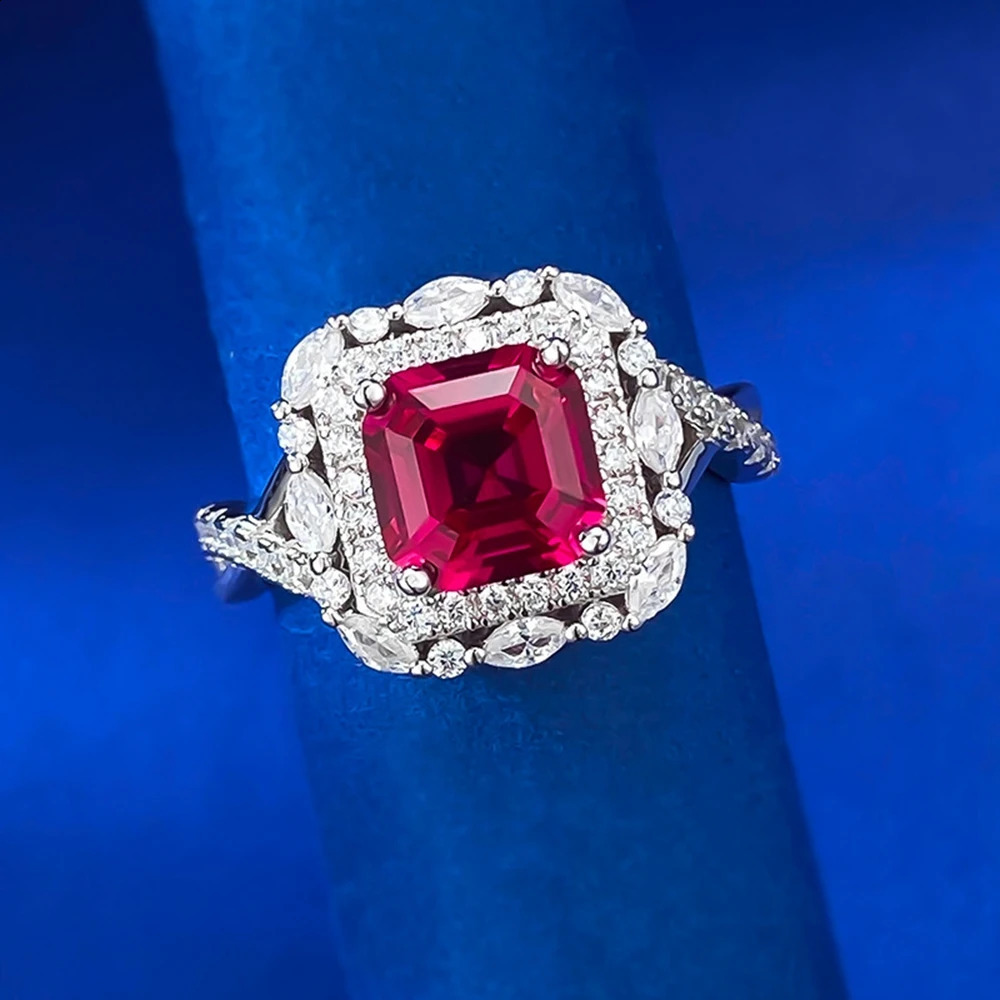 Wong Rain Vintage 100 925 Sterling Silver Asscher Cut 77MM Ruby High Carbon Diamond Gemstone Ring for Women Engagement Jewelry 250920