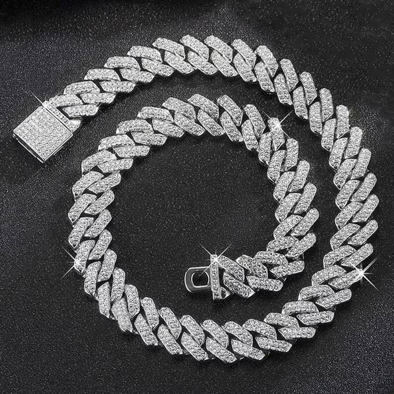 14mm 2 Rows Cuban Link Chain 925 Silver Hiphop Men Necklace Vvs Iced Out Moissanite Cuban Chain