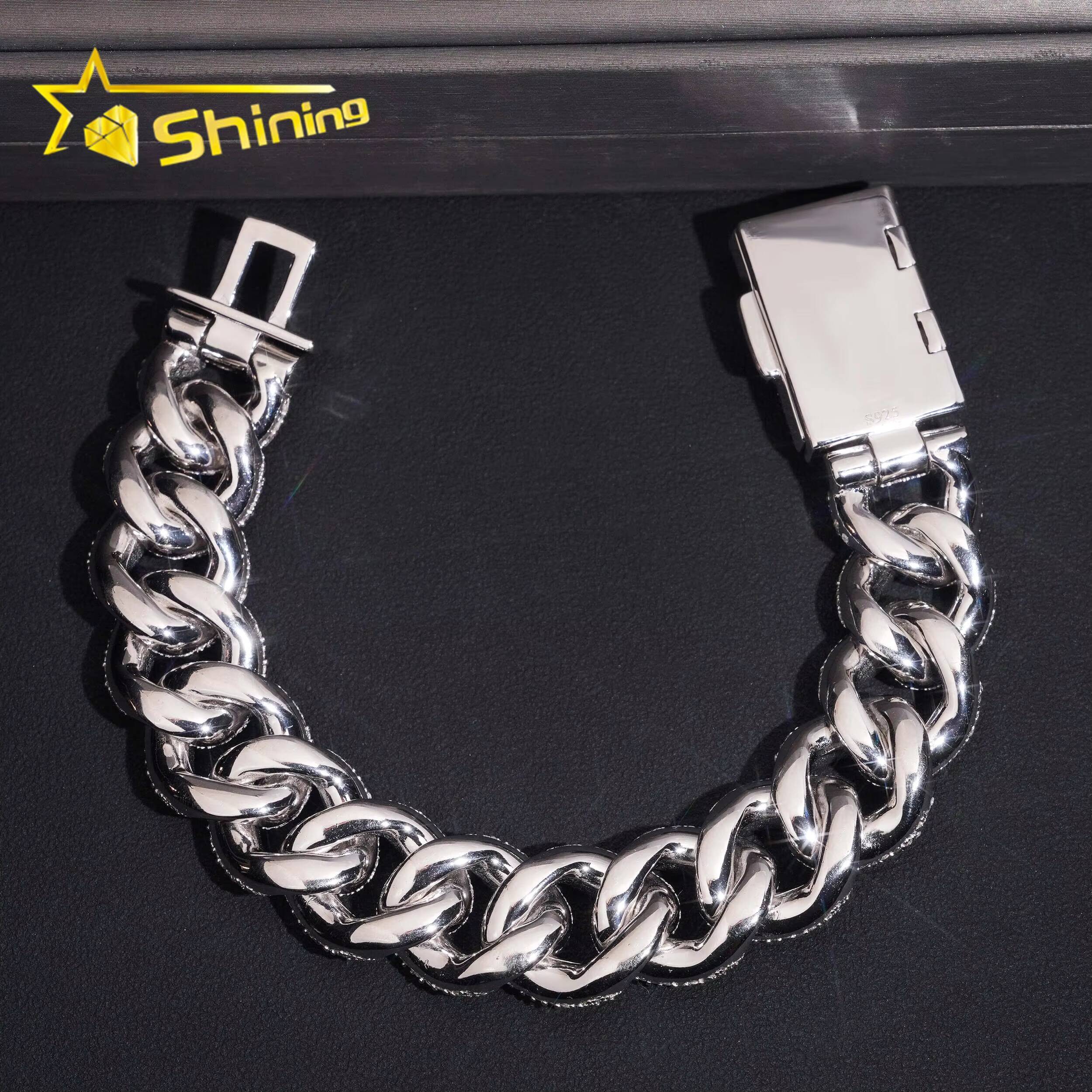 Pass Diamond Tester 925 Sterling Silver Hip Hop 18mm Mosaic Set Moissanite Cuban Link Bracelet