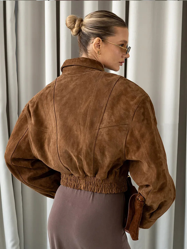 Women Camel Cropped Suede Jacket Elegant Lapel Full Sleeve Pocket Zipper Short Coat Causal Autumn Lady Daily Streetwear 250920