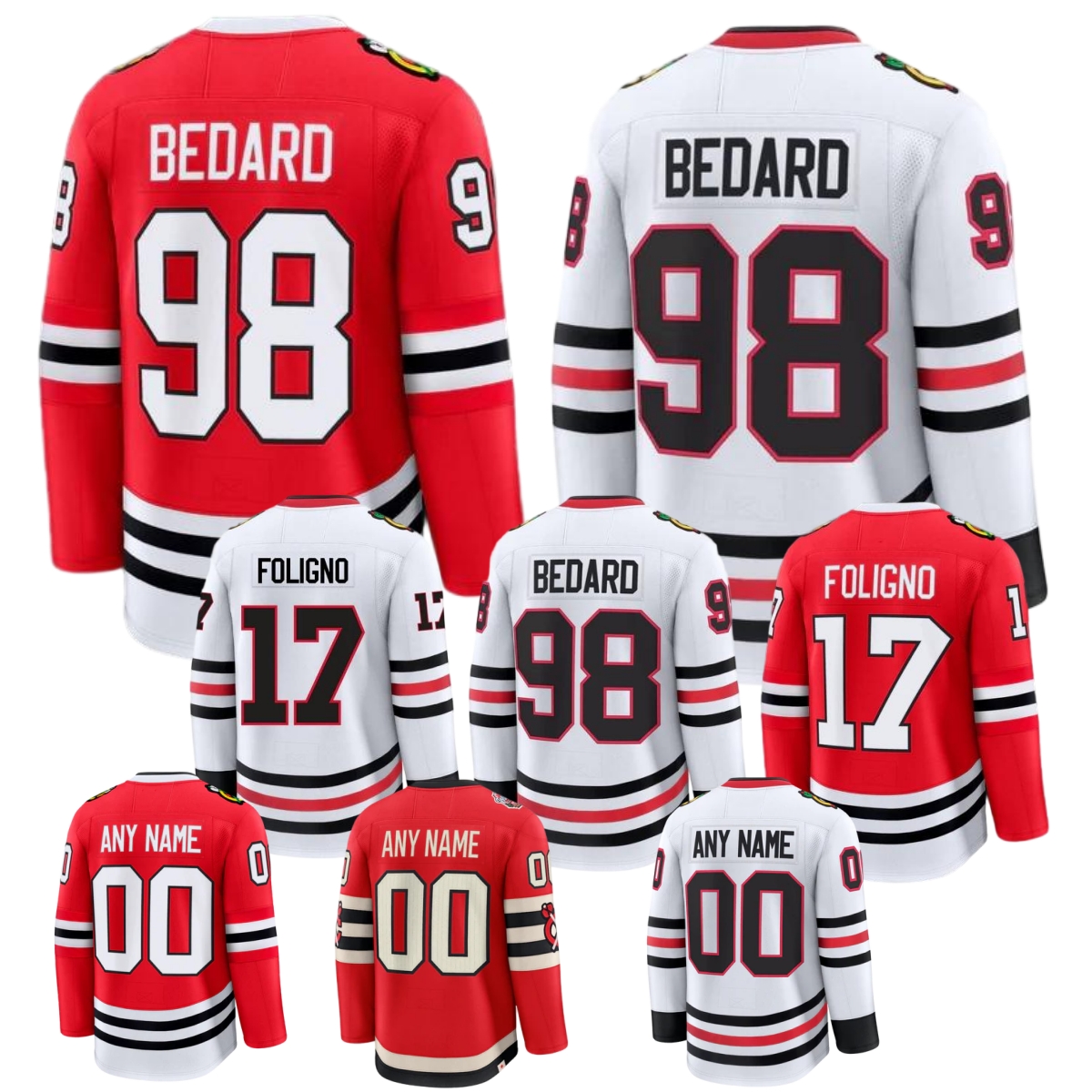 #98 ConnorS Bedard chicago hockey jersey blackhawksS jersey #55 Artyom Levshunov Frank Nazar Spencer Knight Teuvo Teravainen Alex Vlasic Jason Dickinson