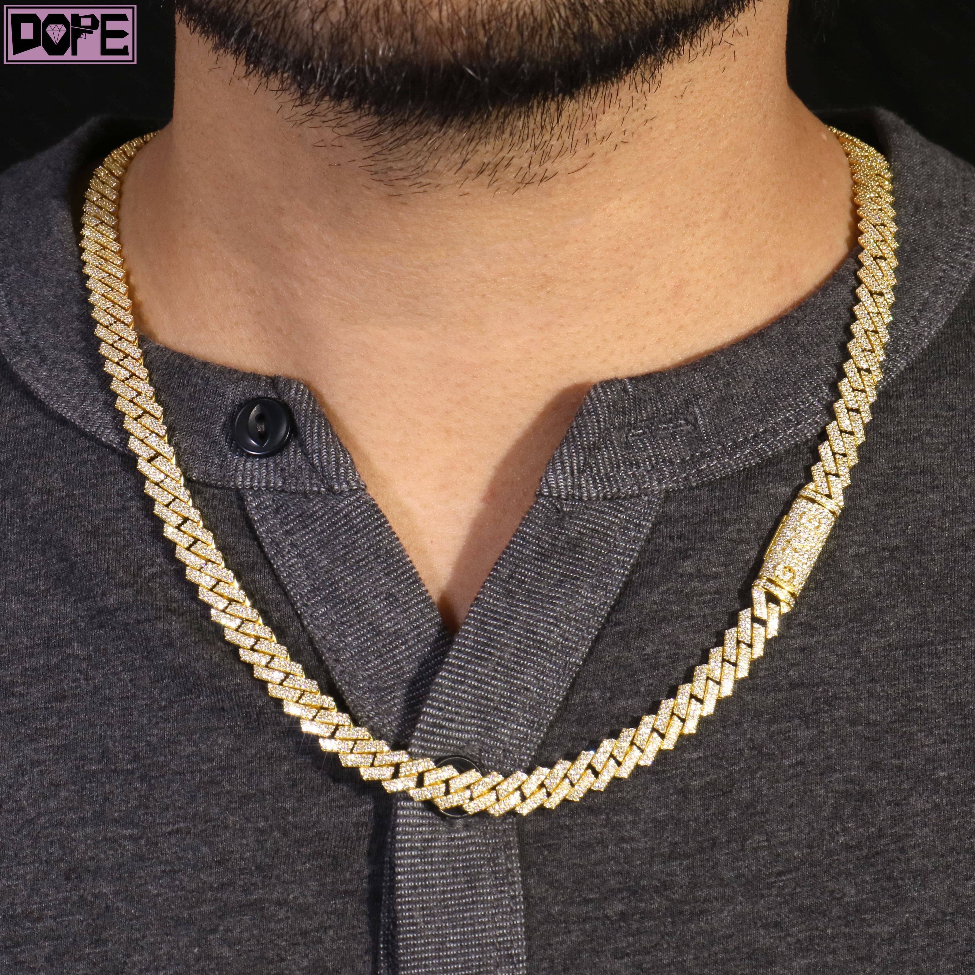 VVS Iced Out Hiphop 10mm 2Rows Cuban Link Chain 925 Sterling Silver Gold Plated Bling Moissanite Cuban Chain