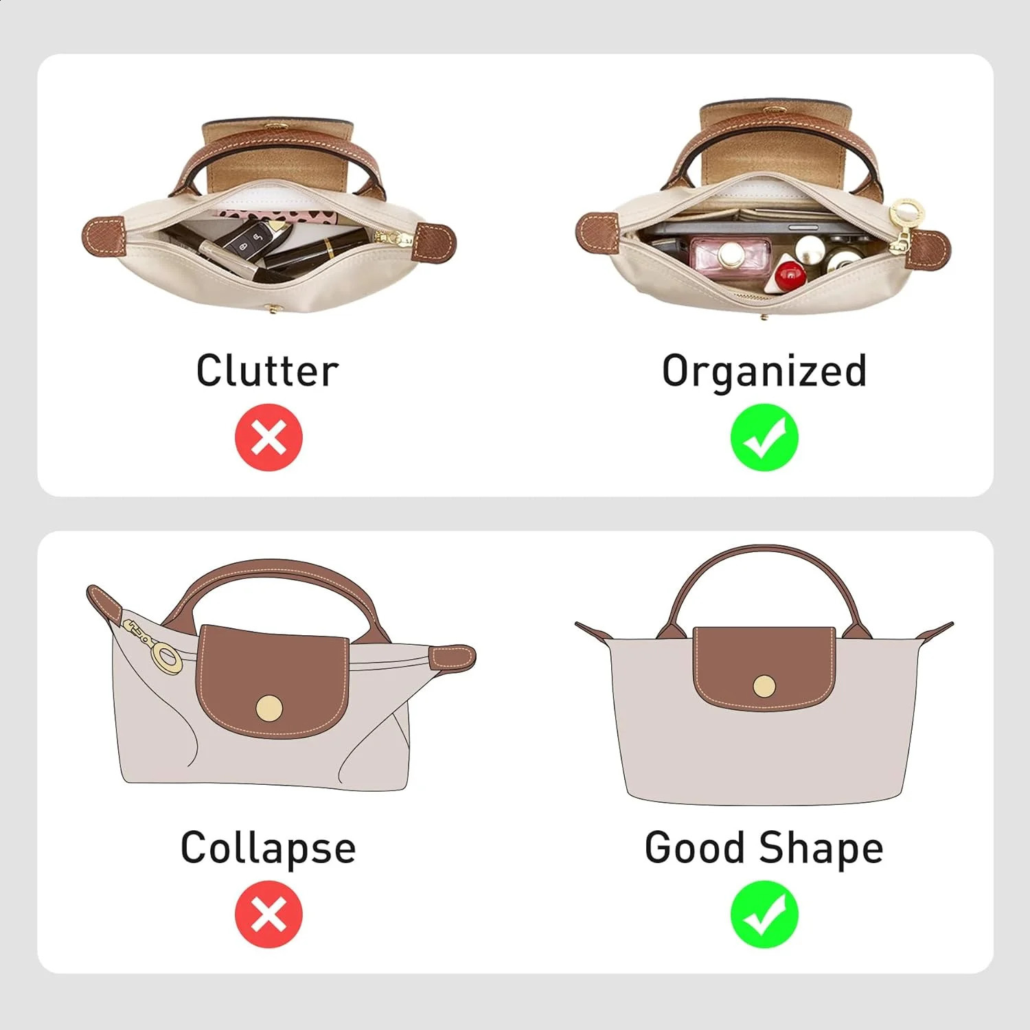 Bag Insert For LongChamp Mini Bag Organizer Felt Mini Bag Organizer for le pliage Green Pouch with Handle Small Handbag Shaper250920