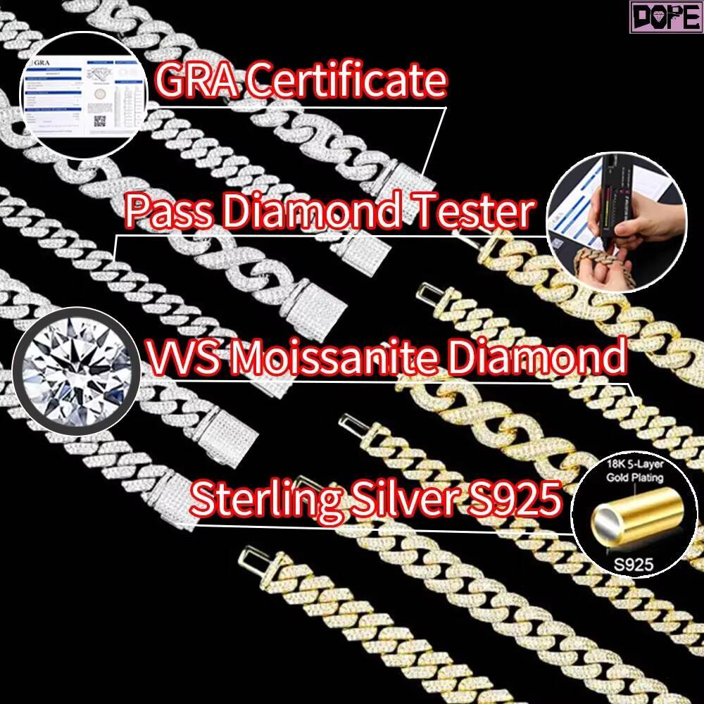 14mm Hiphop Cuban Link Bracelet Rapper Silver 925 VVS Iced Out Moissanite Cuban Chain Bracelet