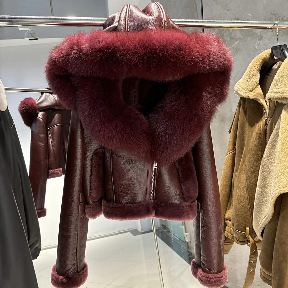 YOLOAgain 2025 Winter Warm Hooded Suede Shearling Jacket Coat Women Real Fox Fur Jacket 250920