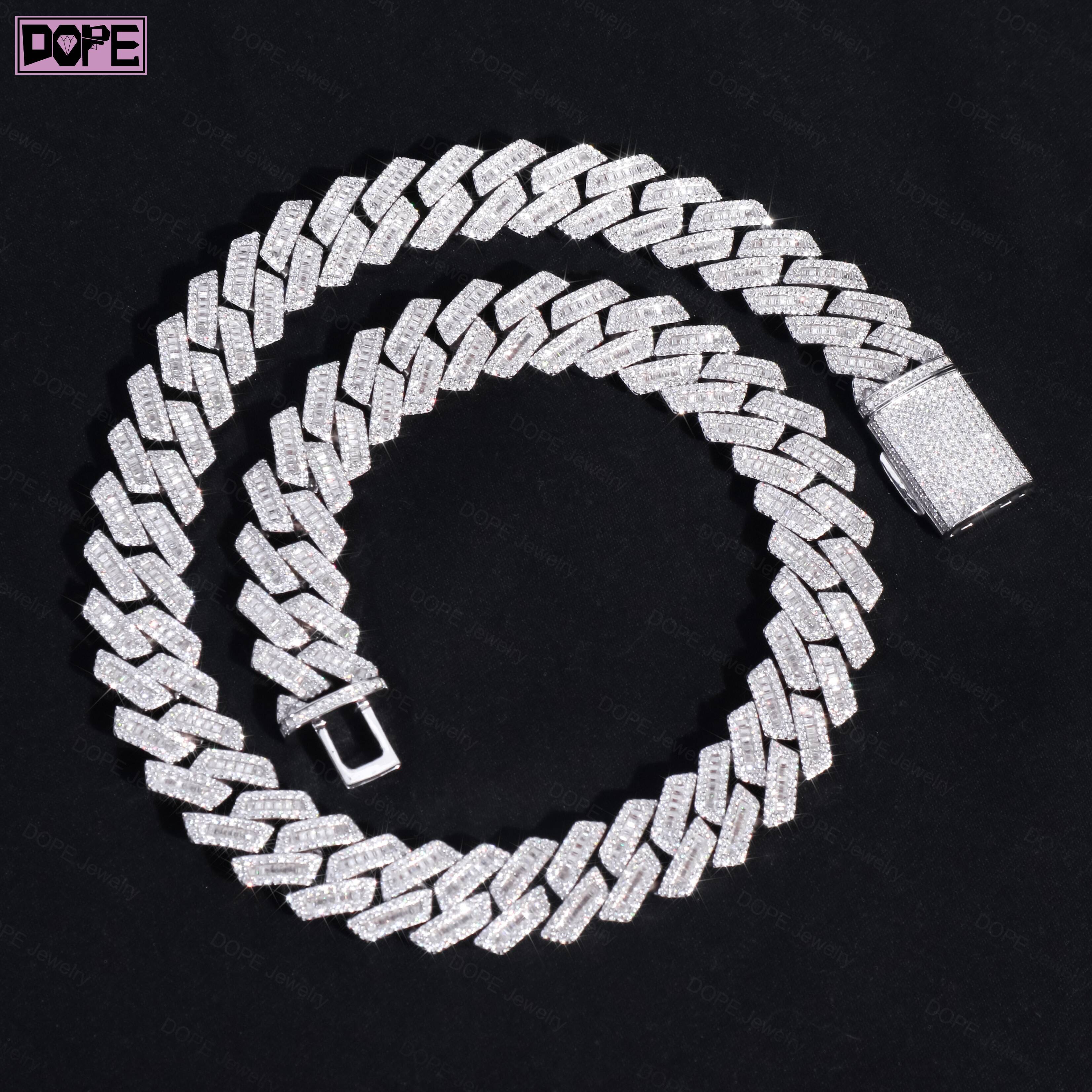 Size15mm Cuban Link Chain 925 Silver Middle Baguette Cut Iced Out Necklace Moissanite Cuban Chain