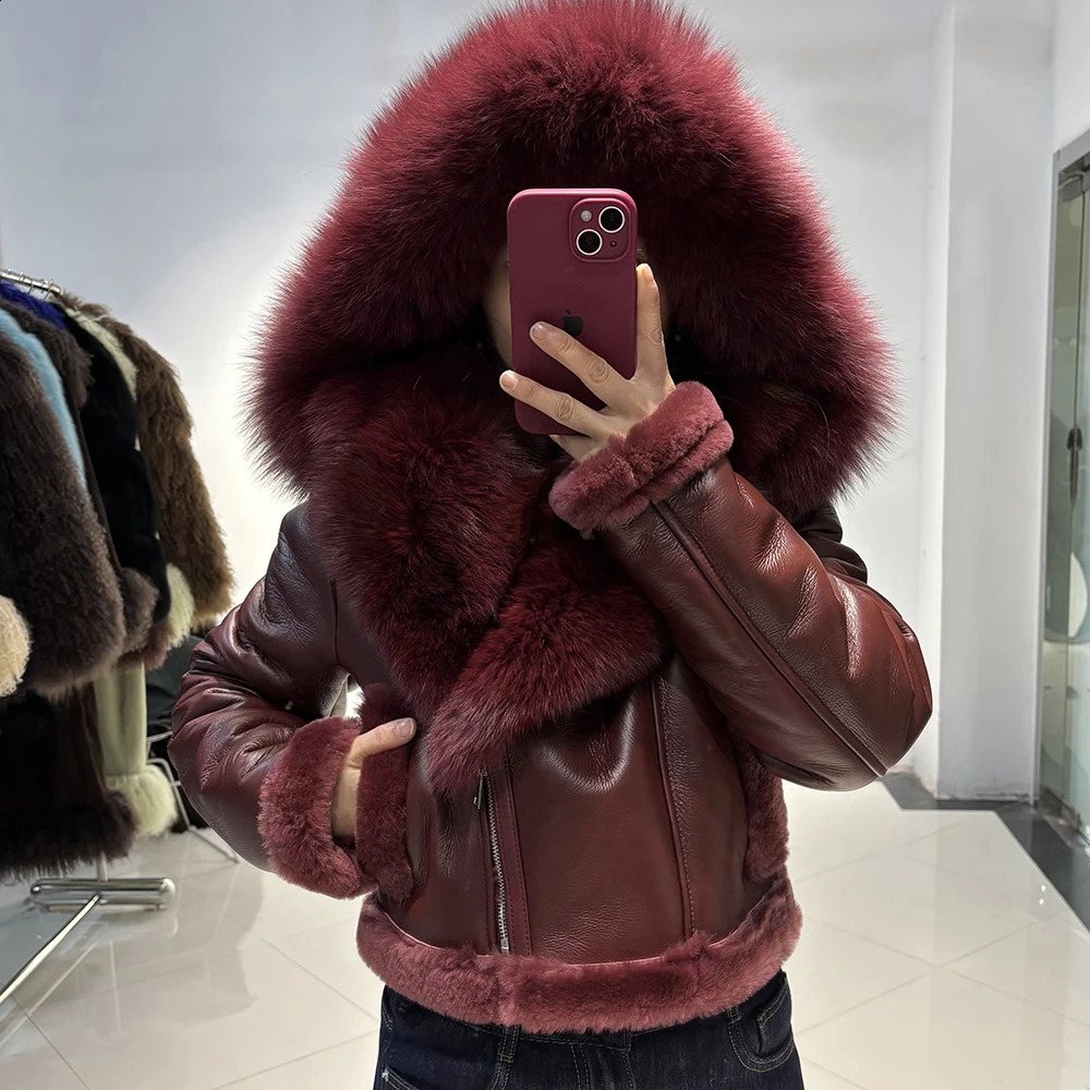YOLOAgain 2025 Winter Warm Hooded Suede Shearling Jacket Coat Women Real Fox Fur Jacket 250920