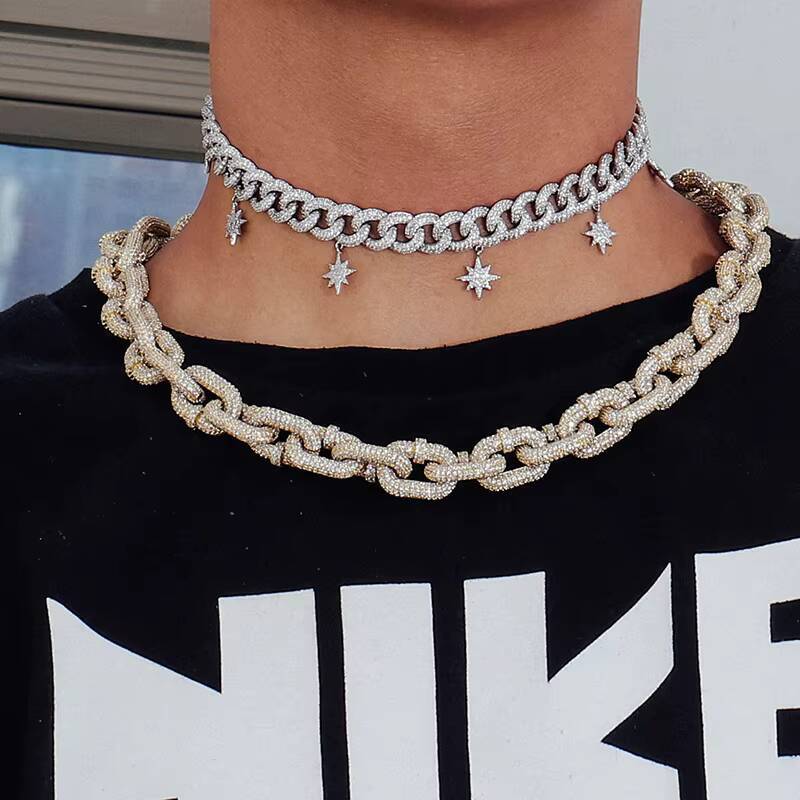 925 Sterling Silver Iced Out Miami Cuban Link Hip Hop Choker Chain Necklace VVS Moissanite or Lab Diamond Gold Plated