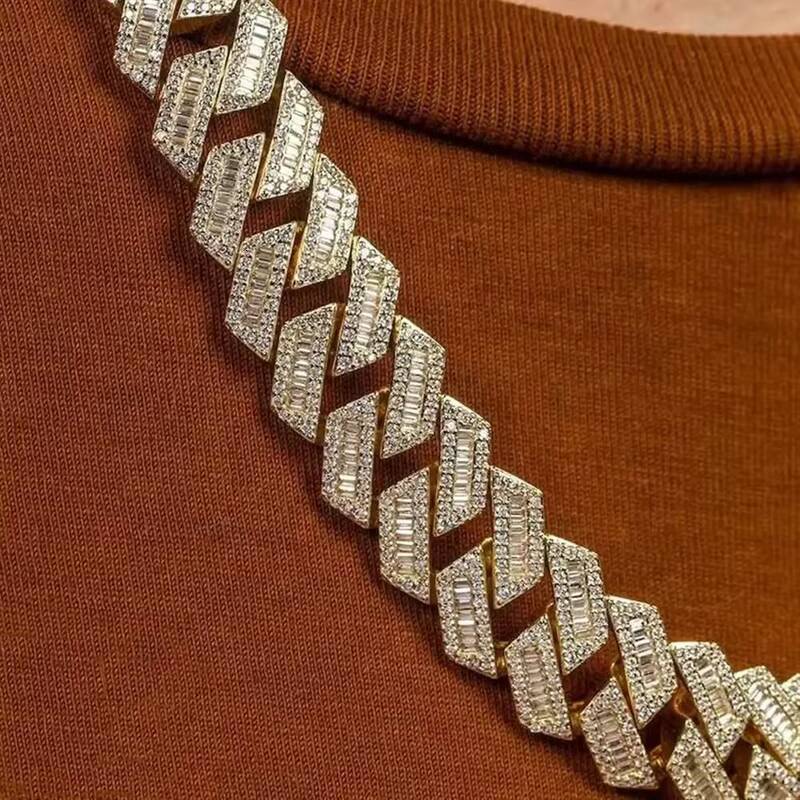 Hiphop 18mm Cuban Link Chain 925 Sterling Silver Baguette VVS Iced Out Moissanite Cuban Chain