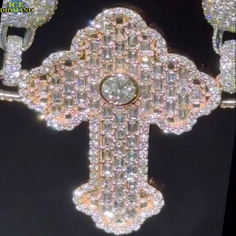 Customized Trend Moissanite Diamond Cross Necklace VVS1 High Quality Moissanite Diamond 925 Silver Cuban Chain Pass Diamond Test Jewelry