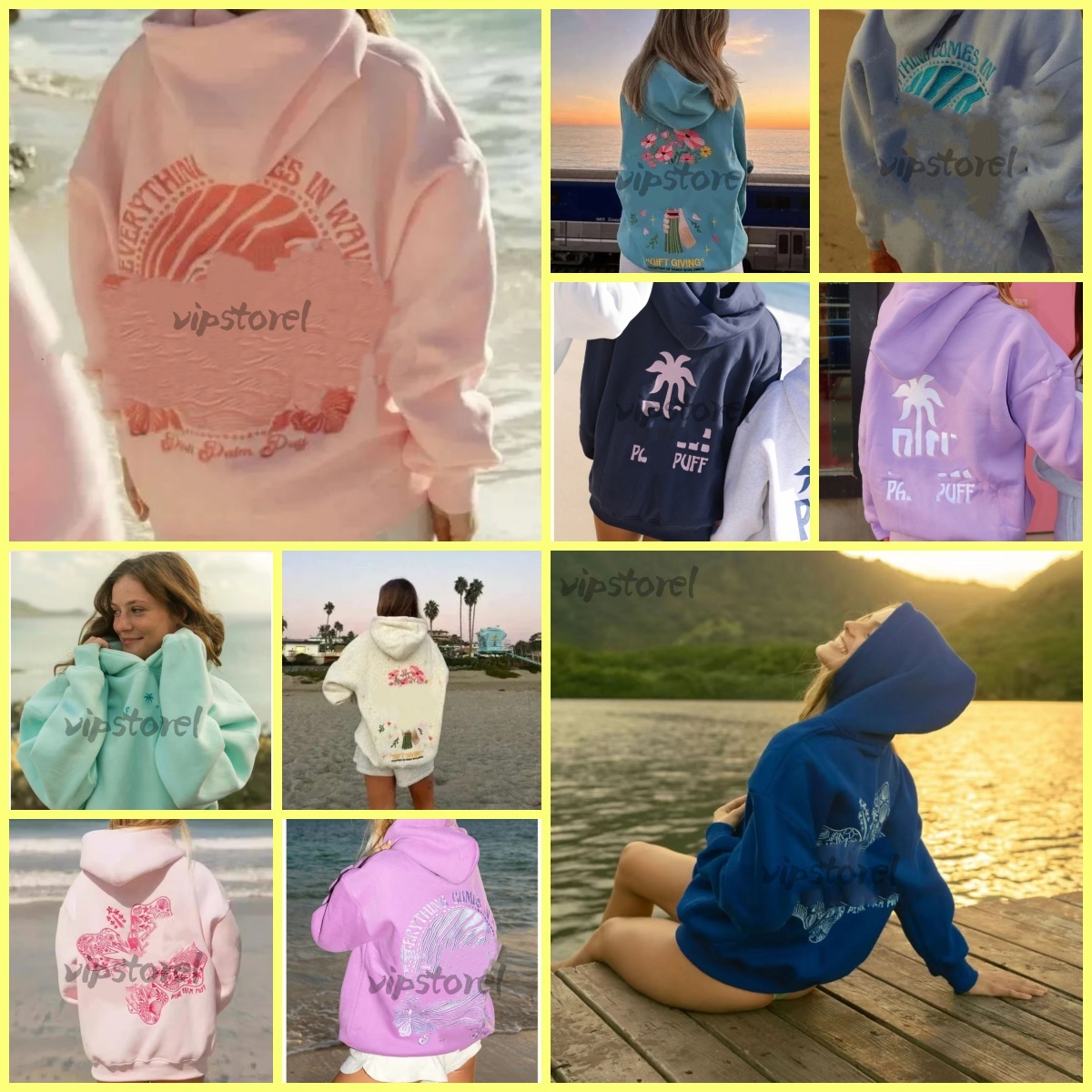 Designer Pink Palm Hoodies Chasing Sunsets Hoodies Embroidery Sunshine Fashion Y2k Loose Hooded Sweatshirt hoodie Women street Autumn hoody hy07