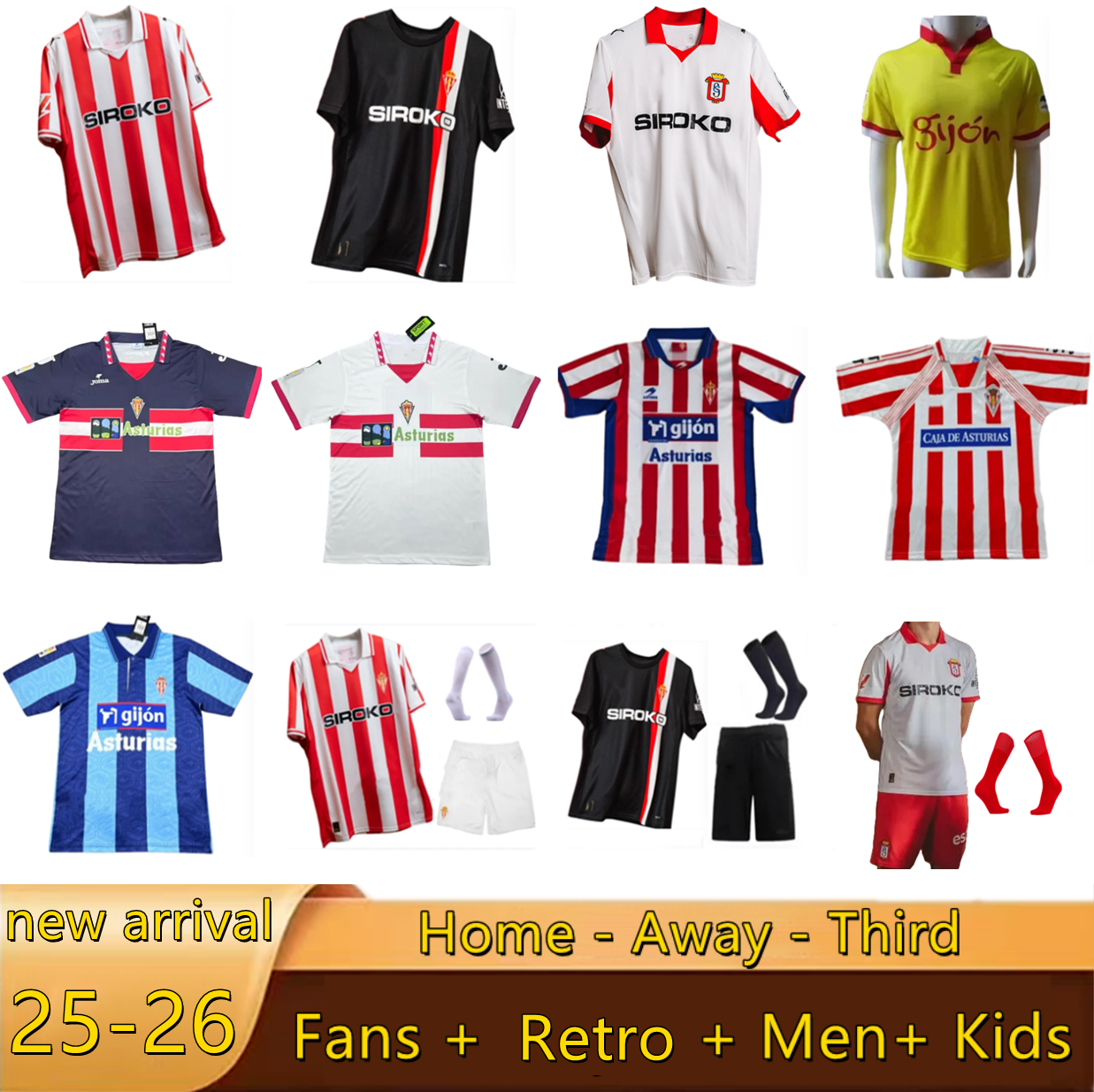 4XL 25 26 Sporting de Gijon Soccer Jerseys P.GARCIA Gelabert SADIQ CAICEDO DUBASIN ROSAS JUAN VILLAR DYEGO SOUSA J.BERROCAL DJUKA 84 86 94 95 01 02 08 09 Retro Men Kids kit