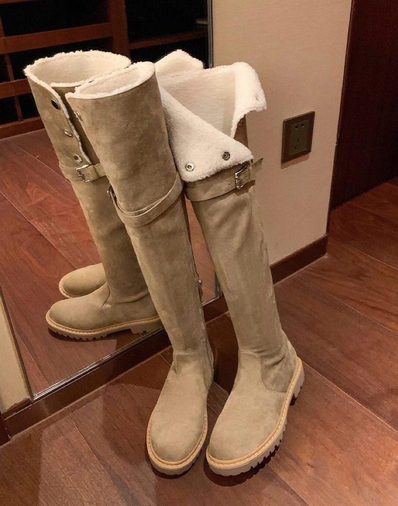 Light luxury and elegant French style knee high boots, autumn and winter thick soled boots, thick wool cotton boots, warm snow boots, designer boots