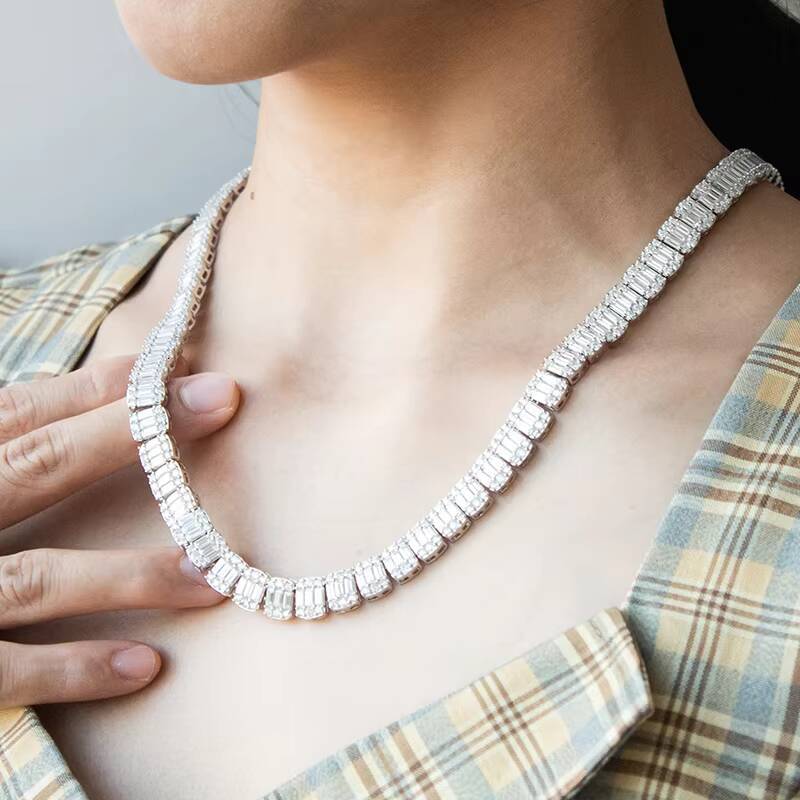Hot Sale VVS Moissanite Jewelry Baguette Cut 925 Fine Silver 9mm Diamond Tennis Necklace for Men and Women