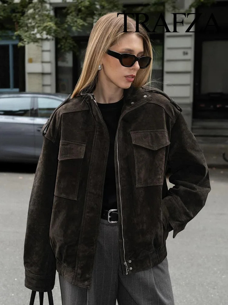TRAFZA Women Autumn High Street Solid Coats Turtleneck Pocket Decoration Zipper Womens Fashion Long Sleeves Jackets 2025 250920