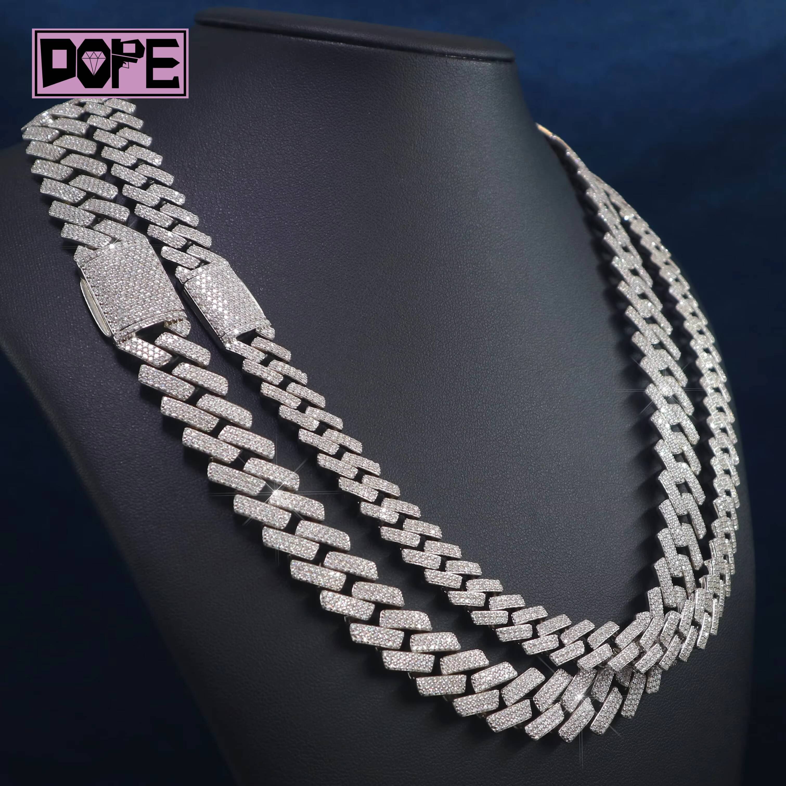 12mm Cuban Chain Necklace 925 Sterling Silver Straight Edge Iced Out Hiphop Moissanite Cuban Chain