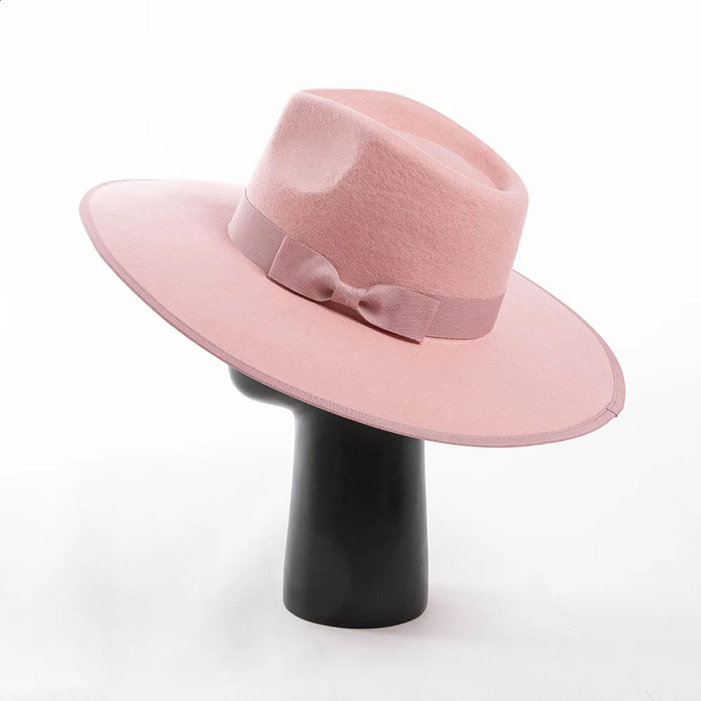 11cm Big Brim Crown Top 100 Wool Fedora Hat Bow Decor Ribbon Women Men Jazz Felt Cap Concave Shape Party Wedding Shopping Hat 250920
