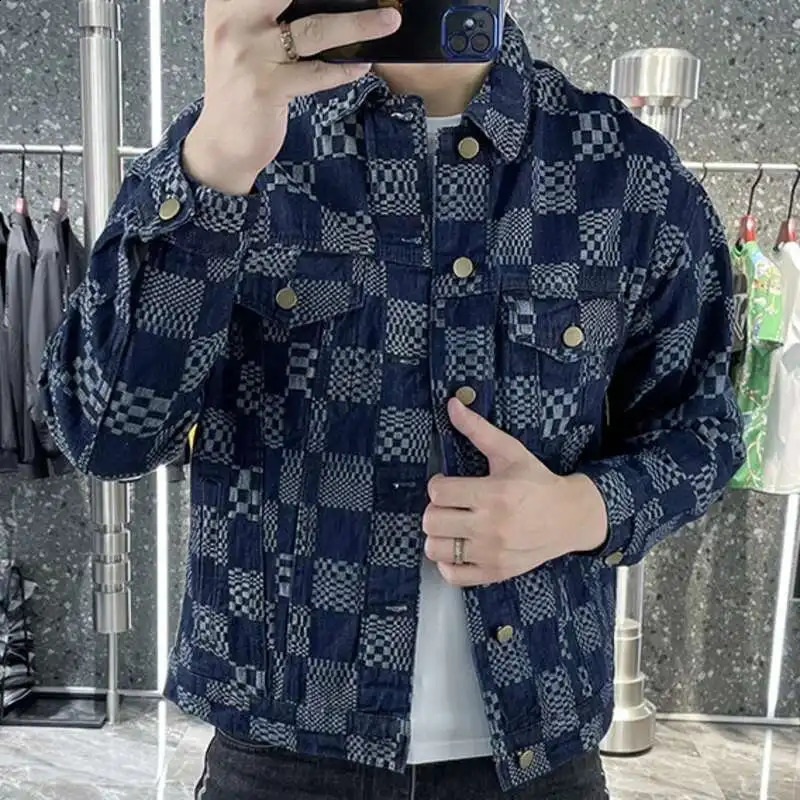 Blue Checkerboard Jacket For Men Fall Retro Trend Lapel Denim Jacket Ripped Button Jean Jacket Outfit Coat Men Streetwear Jacket 250920