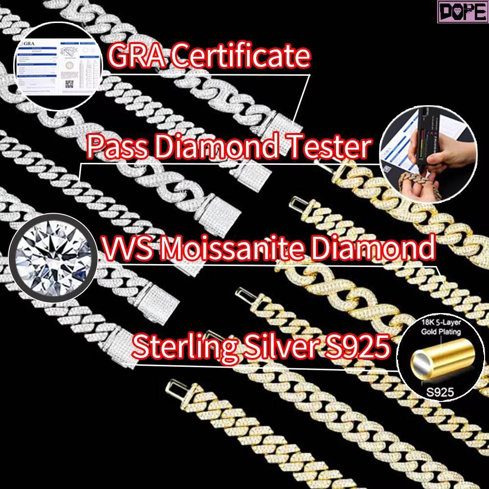 High Quality 12mm Cuban Chain Iced Out Men Necklace Special Design 925 Silver VVS Moissanite Cuban Chain