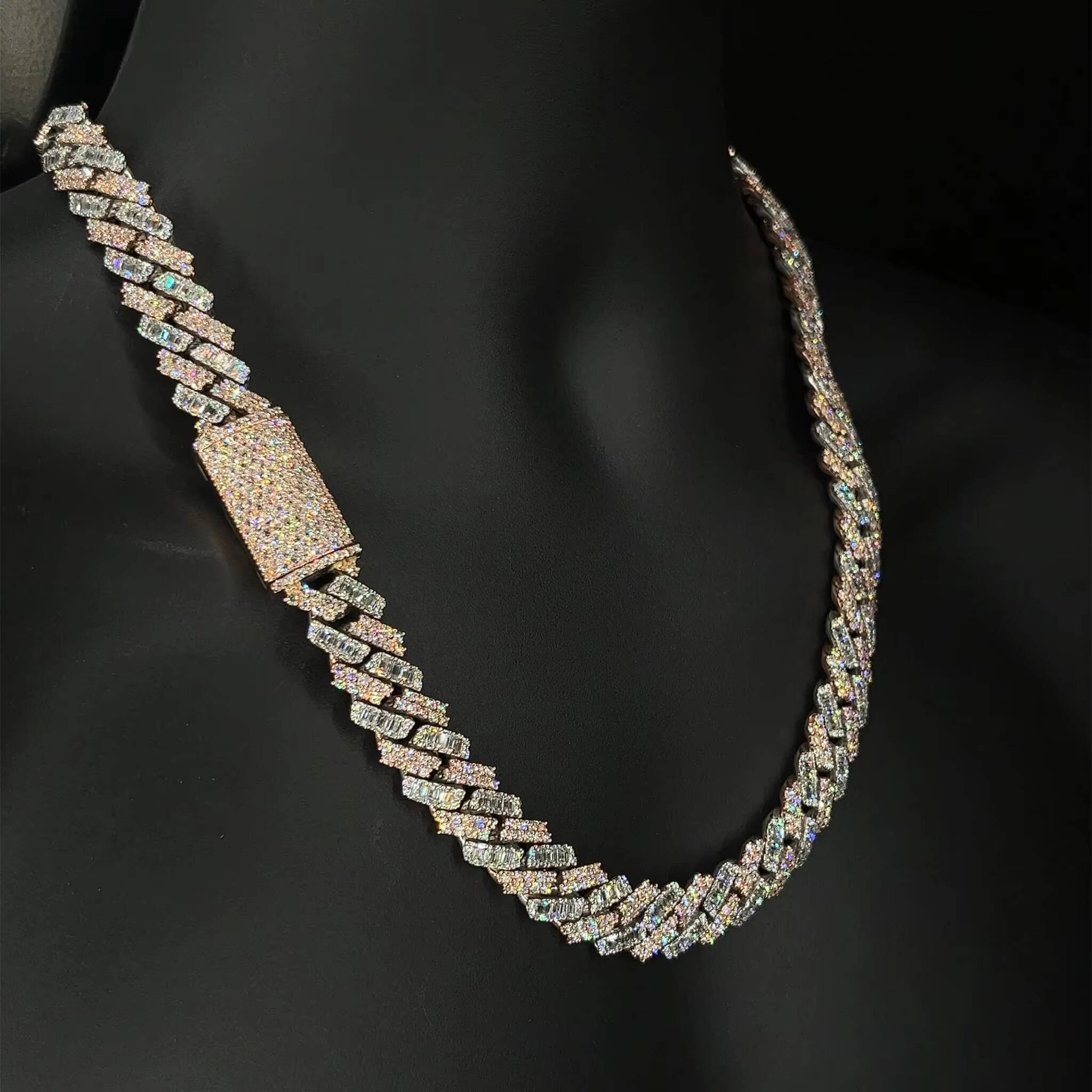 KIBO Iced Out 925 Pure Silver Moissanite Necklace Gra Vvs 15mm Two Tone Style baguette and Round Cut Moissanite Cuban Link Chain