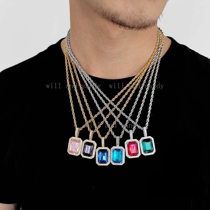 Emerald Cut Gemstone Birthstone Pendant Necklace for Men Women Goth Punk Designer Necklace Stainless Steel Chain Halloween Jewelry Hip Hop Jewelry