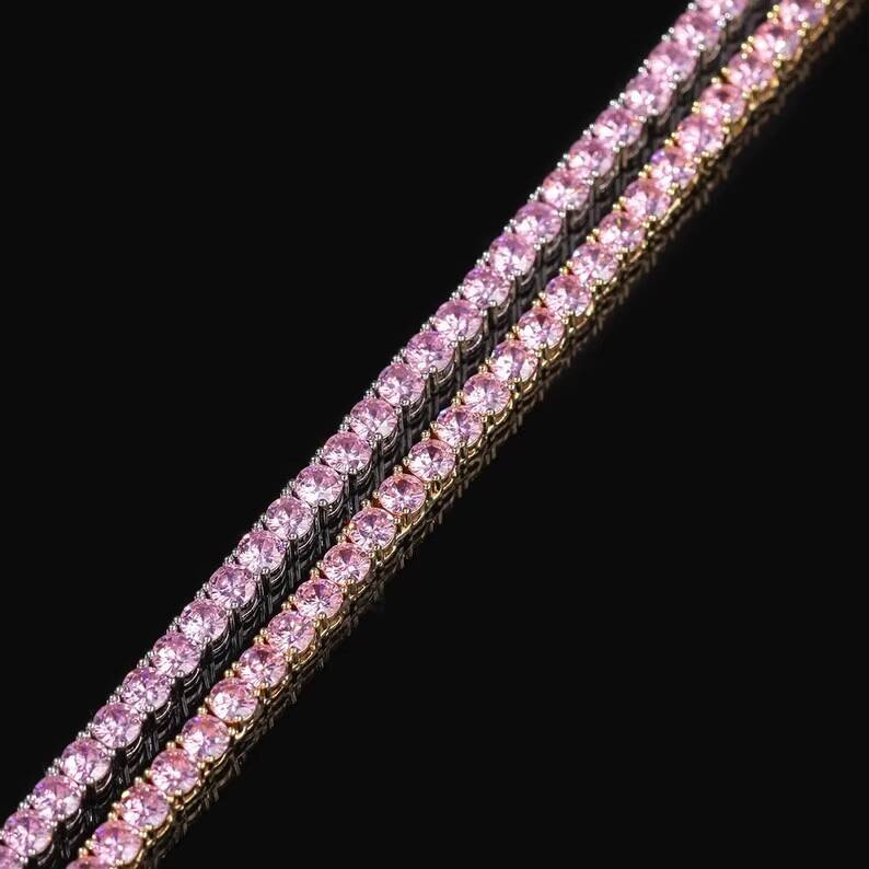 Pass Diamond Tetster Tennis Chain 925 Sterling Silver Iced Out Pink Hiphop 3mm Vvs Moissanite Tennis Chain