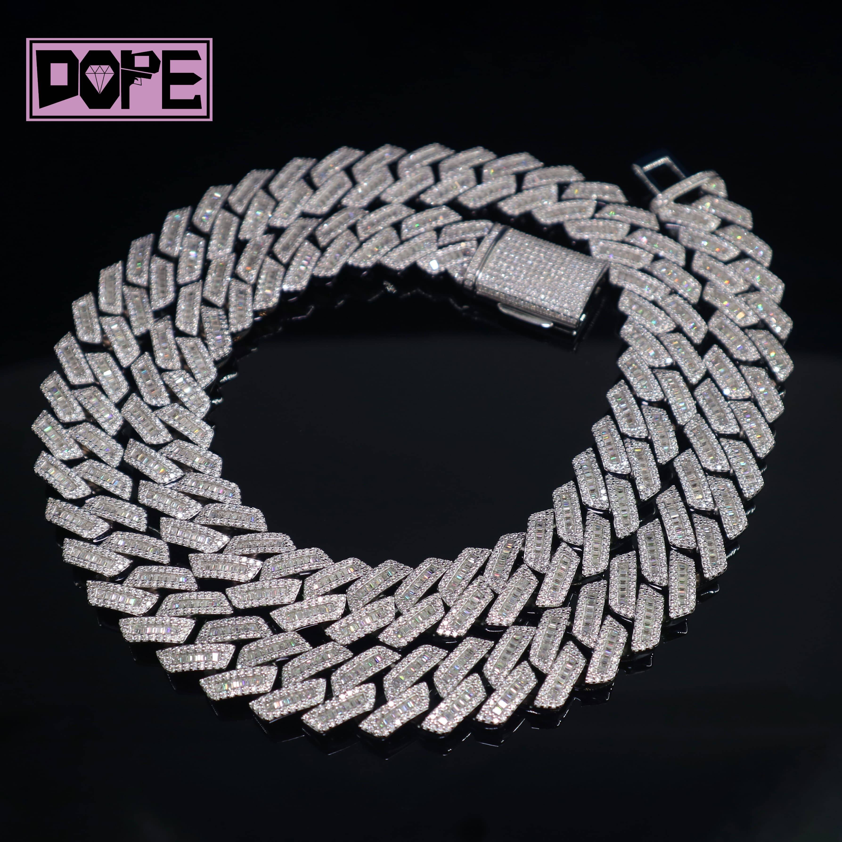 16mm Cuban Link Chain 925 Sterling Sliver Hip Hop Men VVS Baguette Cut Moissanite Cuban Chain