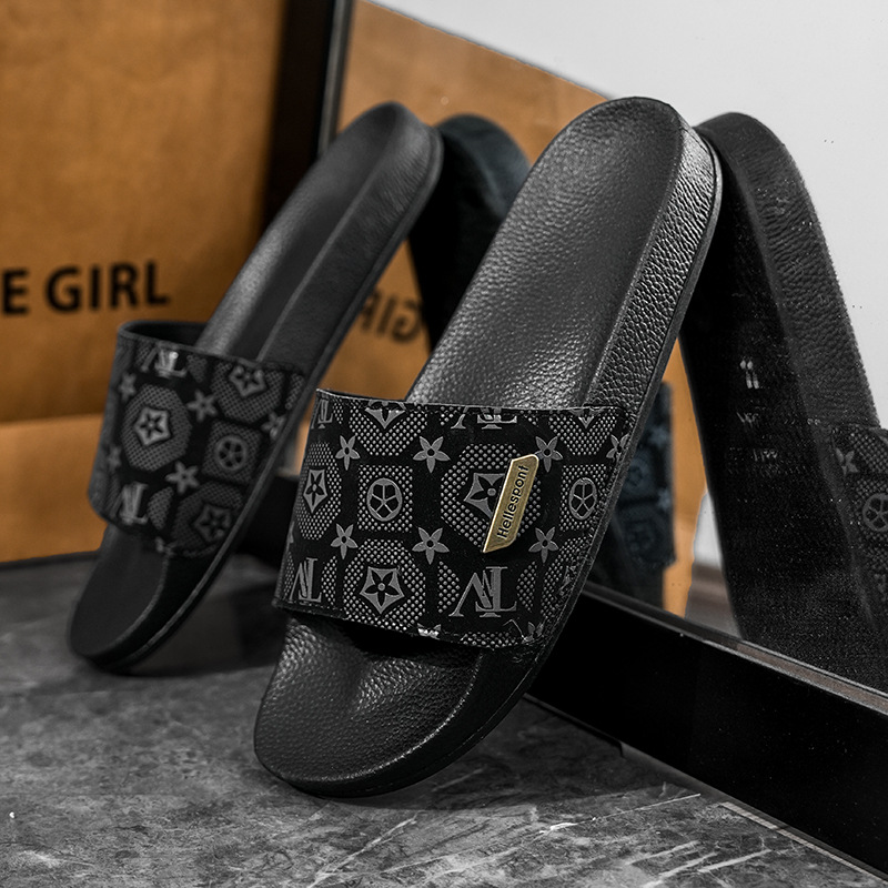 Free shipping fashionable men outdoor beach slippers new arrival premium print unisex casual plus size 38-45 anti slipper grey black hot sale