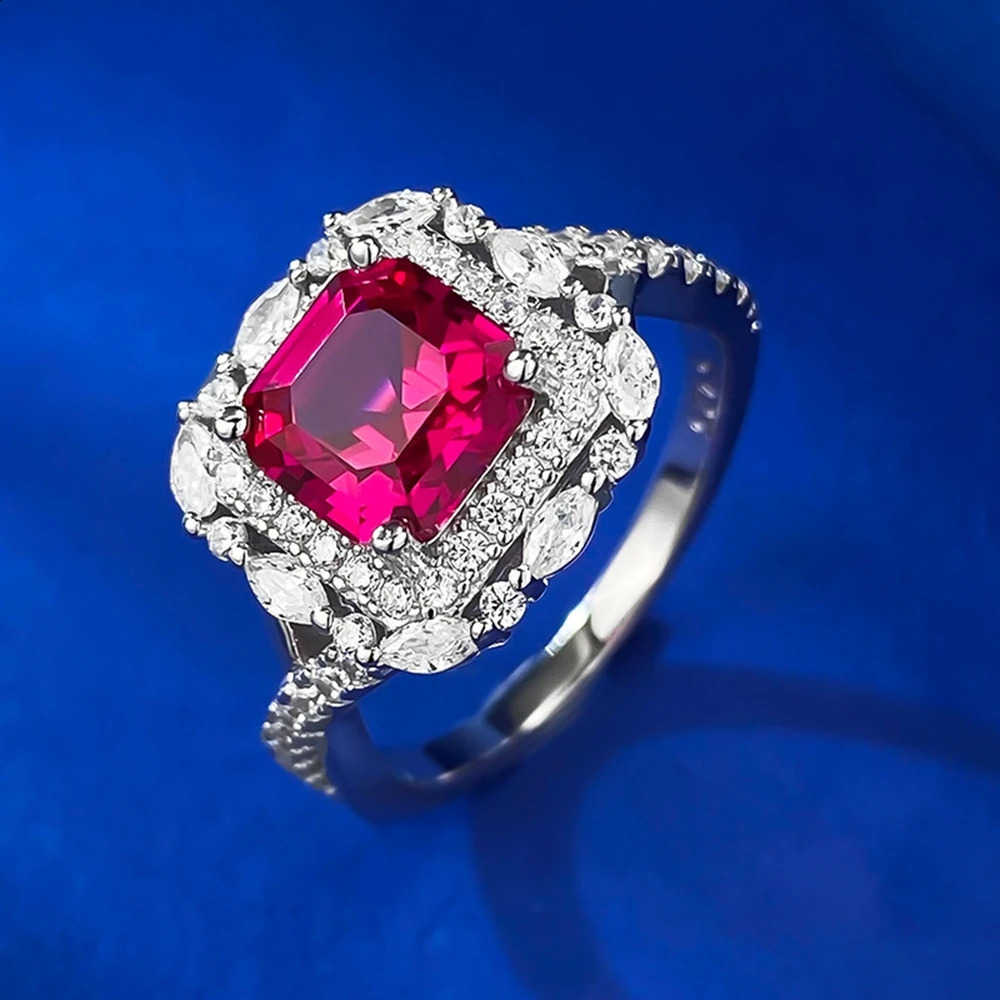 Wong Rain Vintage 100 925 Sterling Silver Asscher Cut 77MM Ruby High Carbon Diamond Gemstone Ring for Women Engagement Jewelry 250920