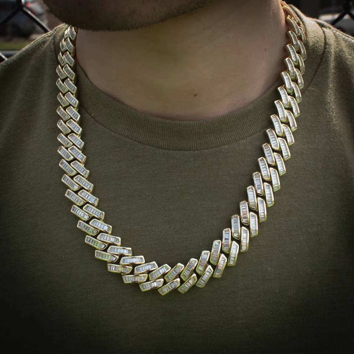 Hip Hop Iced Out 18mm Mossanite Cuban Link Chain Baguette 925 Silver Cuban Link Chain Moissanite