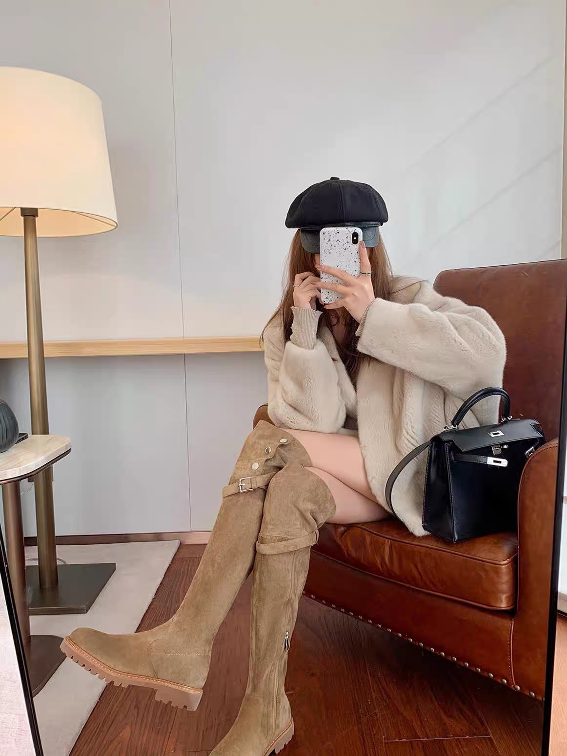 Light luxury and elegant French style knee high boots, autumn and winter thick soled boots, thick wool cotton boots, warm snow boots, designer boots