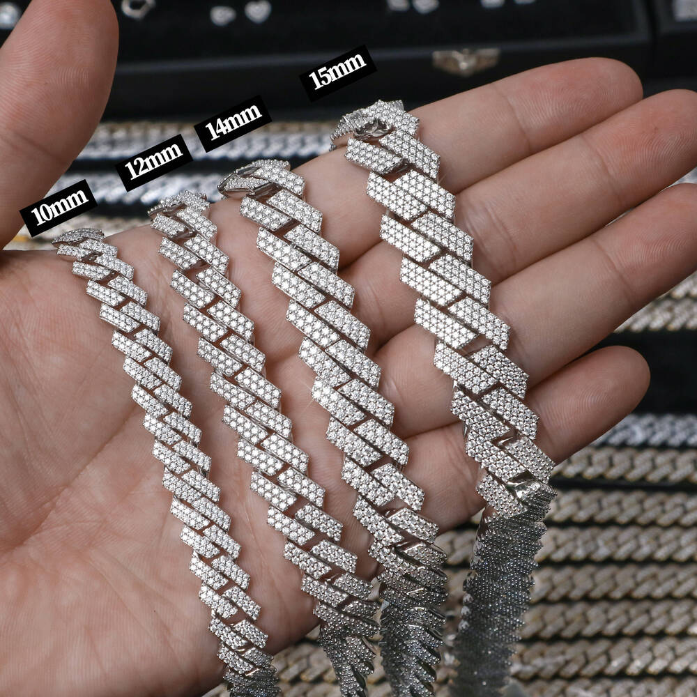 12mm Cuban Chain Necklace 925 Sterling Silver Straight Edge Iced Out Hiphop Moissanite Cuban Chain