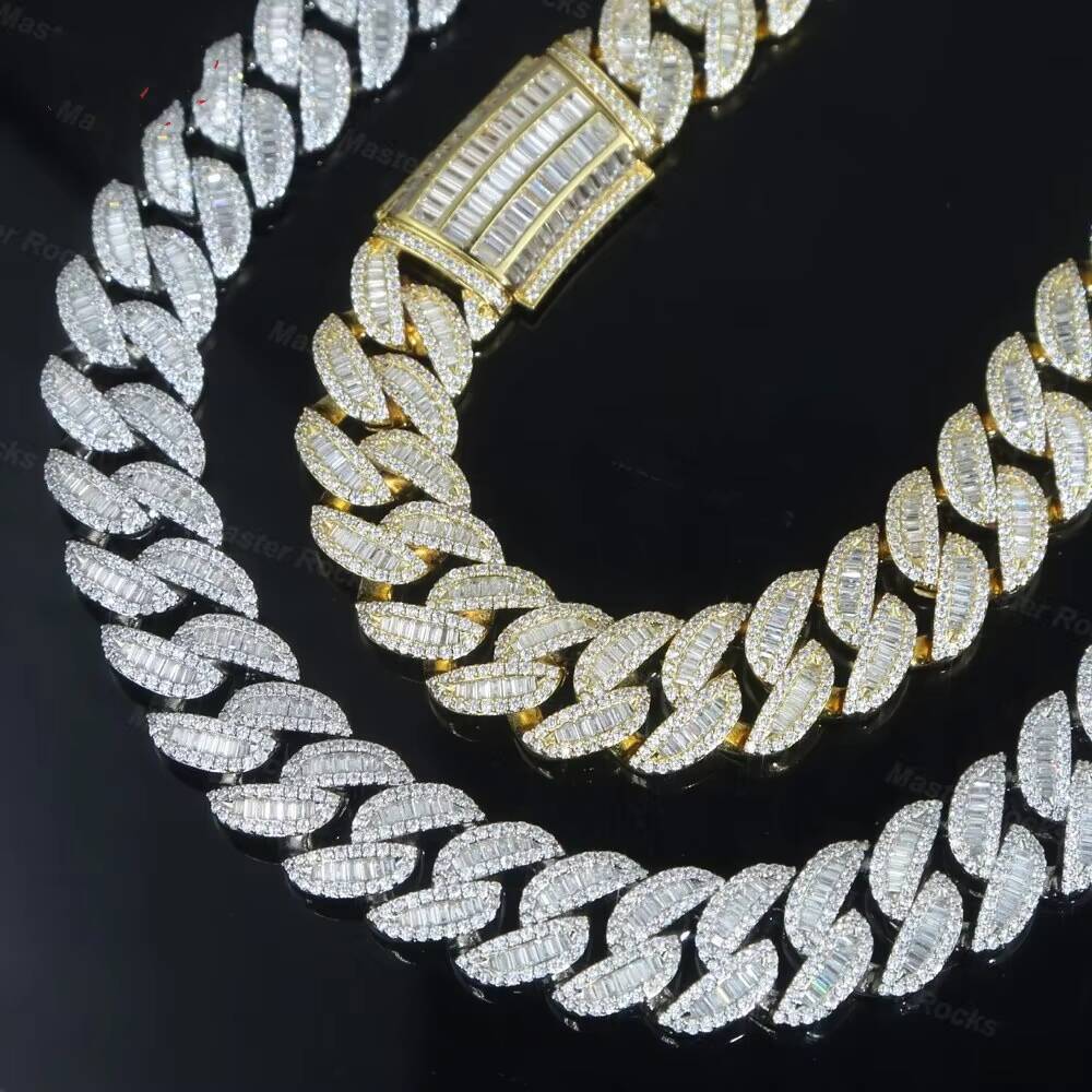 22mm Heavy Cuban Link Chain Necklace Baguette 925 Silver Hiphop VVS Iced Out Moissanite Chain
