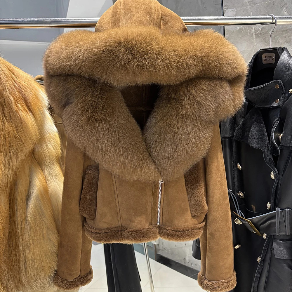 YOLOAgain 2025 Winter Warm Hooded Suede Shearling Jacket Coat Women Real Fox Fur Jacket 250920