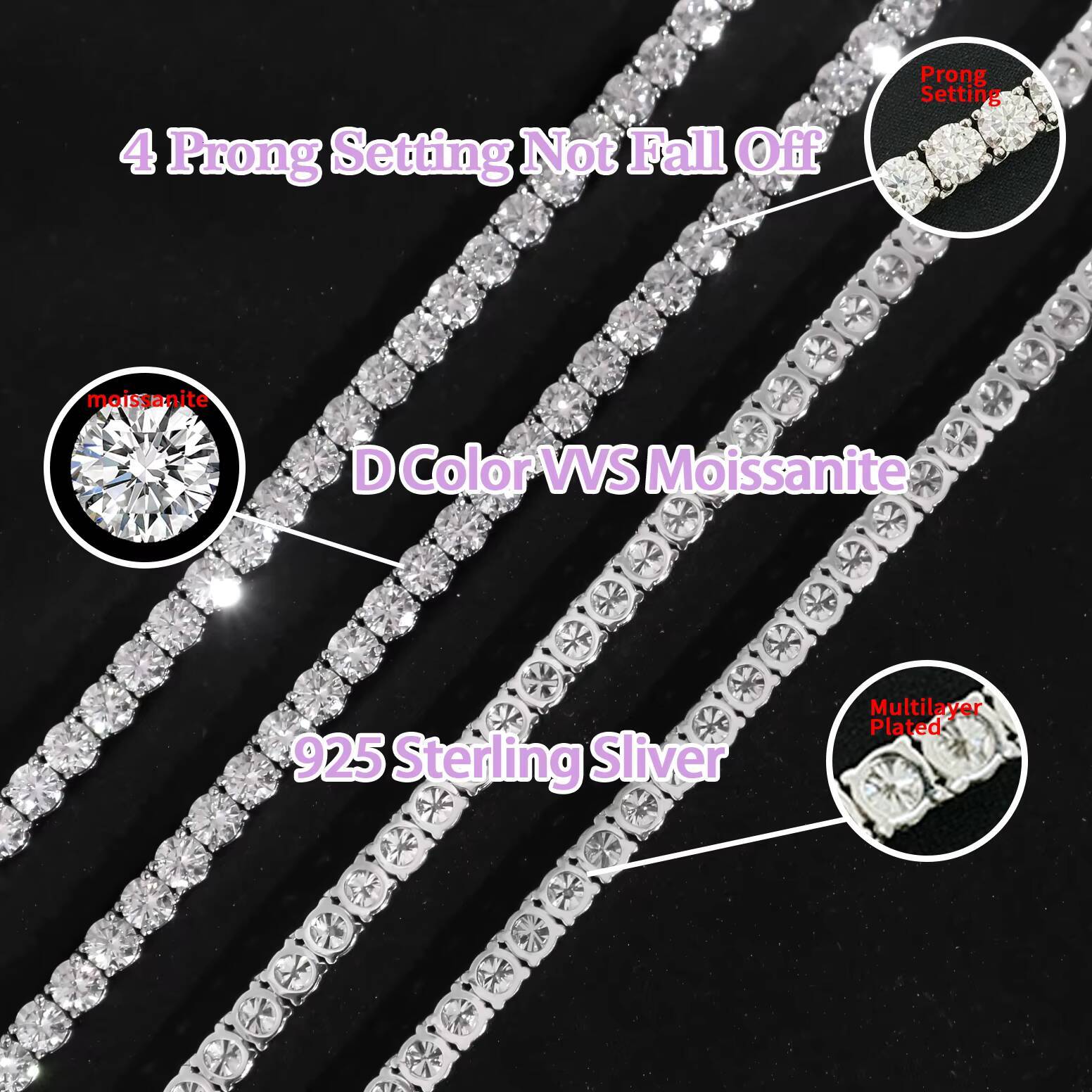 Green VVS Moissanite Hiphop Iced Out 3mm Tennis Necklace 925 Sterling Silver Fashion Bling Tennis Chain