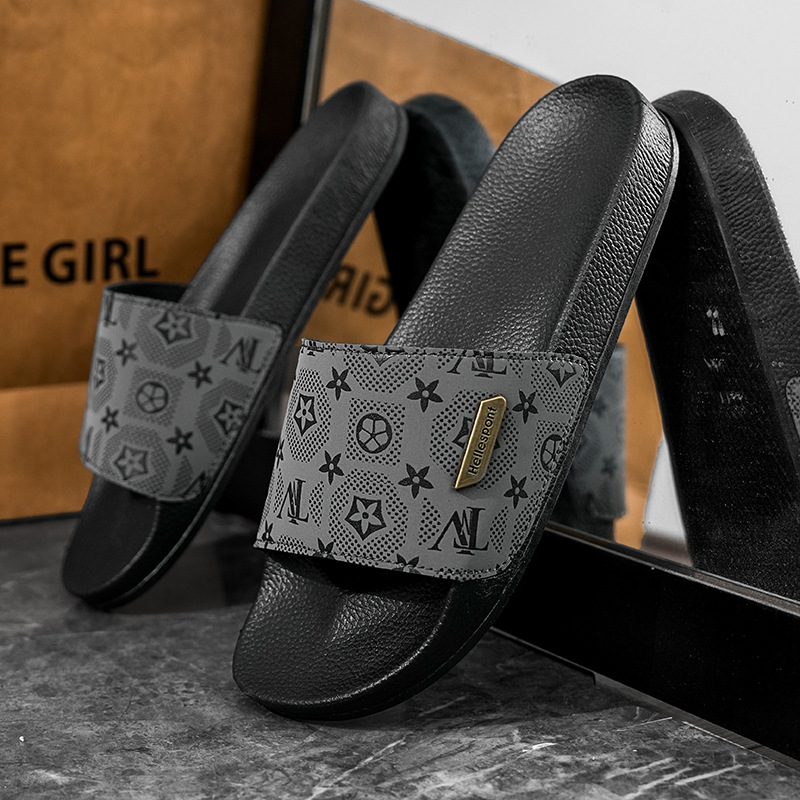 Free shipping fashionable men outdoor beach slippers new arrival premium print unisex casual plus size 38-45 anti slipper grey black hot sale