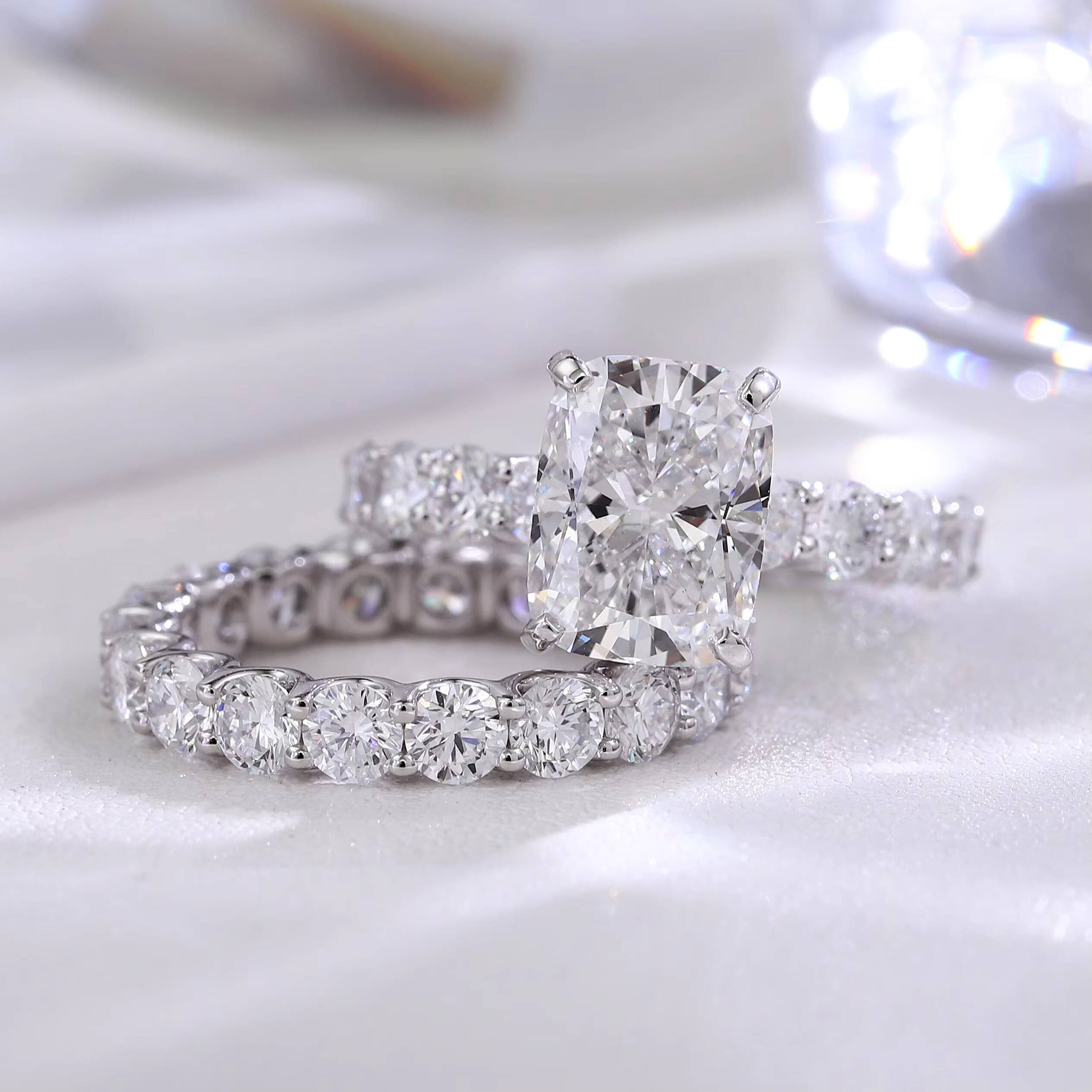 Luxury Jewelry Lab Diamond Engagement Wedding Ring Cushion Cut VVS Diamond 14k White Gold Ring Set for Women