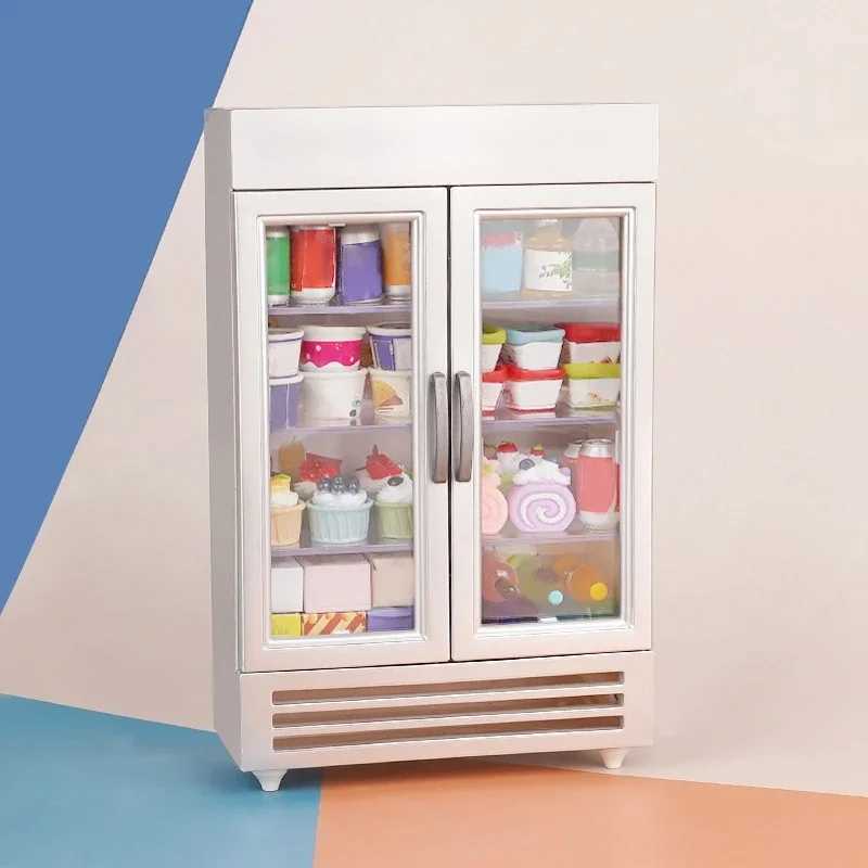 Supermarket Freezer Model Dollhouse Miniature Double Door Refrigerator Kids Pretend Play Toys Doll House Accessories C250922