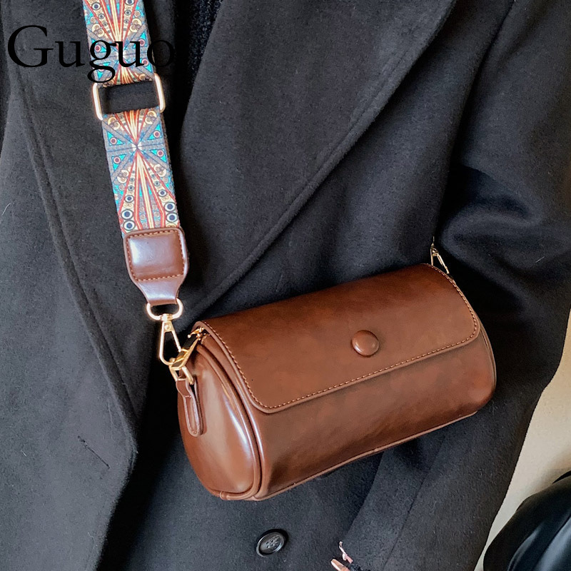 Guguo Designer Bag Vintage Small Luxury Bag Bag For Women, Niche 2025 New Trend Spring Versatile Wide Strap Shoulder Crossbody Bag, Popular Cylinder B