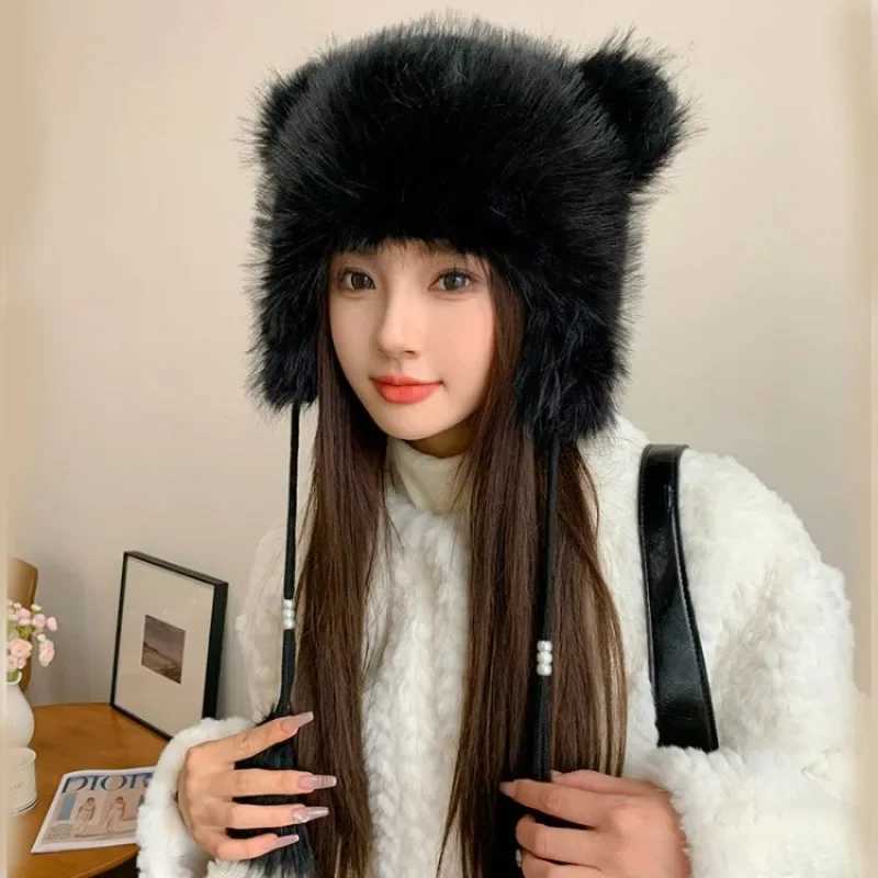 Winter Ear Protection Fluffy Bber Hat Wen Doublelayer Thick P Beanies C Girls Cute Ears Warm Faux Fur Sklies C Y250920