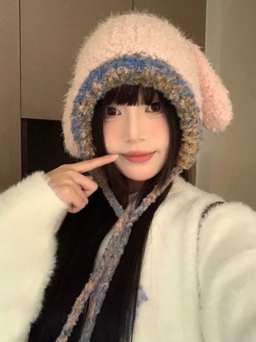 Furry Cute Rabbit Ear Knitted Hat For Wen Autumn And Winter Ear Protection To Show A Small Face A Hooded Covering Y250920