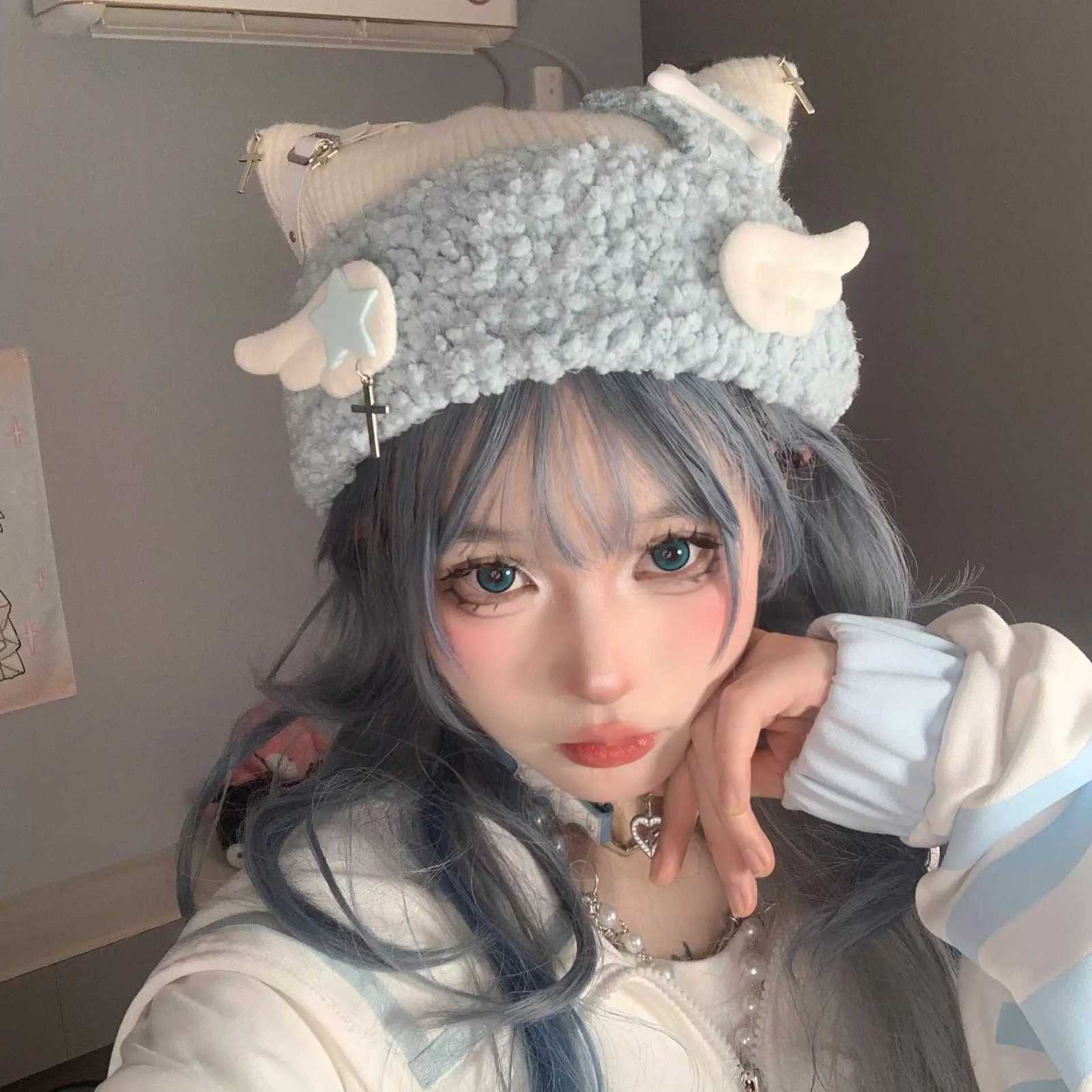 Wen Harajuku Gothic Lolita Angel Wings Beanie Hat Janese Y2K Girl Cross Star Bone Cat Ear C Autumn Winter Warm Knitted Hat Y250920