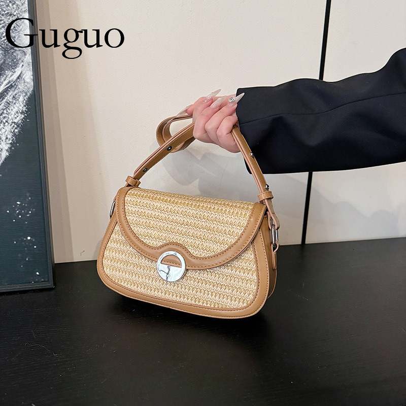 Luxury Bag Guguo Designer Bag Leopard Print Color-blocking Underarm Lock Small Bag For Women 2025 New Beach Woven Bag Crossbody Straw Woven Small Squa