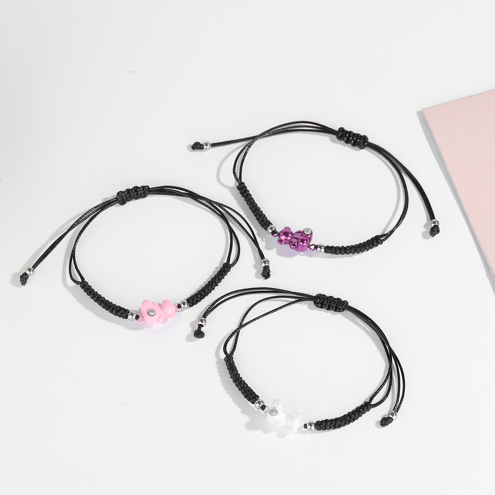 Fashion Women Men Silver Rose Gold Bear Stainless Steel Cartoon Animal Pink White Green Oil Black Weave Rope Bracelets Jewelry Pulsera Gift