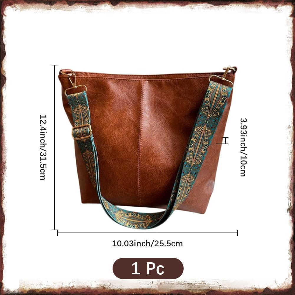 Hobo Crossbody Bag for Women Vegan PU Leather Shoulder Purses Brown Stylish Wide Guitar Strap Tote Bucket Bag with Zipper for Working Shopping Traveli