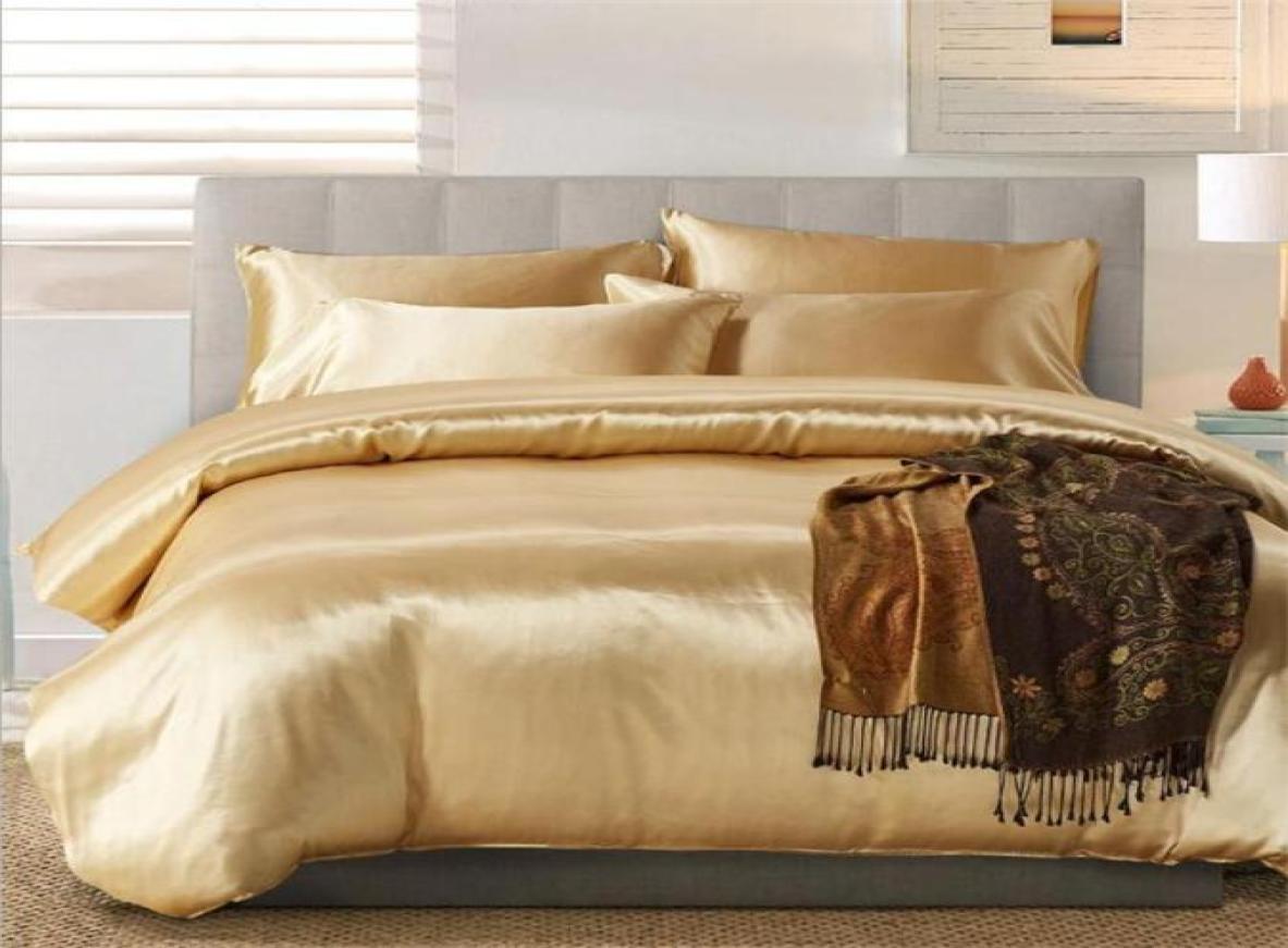 100 Good Quality Satin Silk Bedding Sets Flat Solid Color UK Size 3 pcs Gold Duvet Cover Flat Sheet Pillowcases8687324