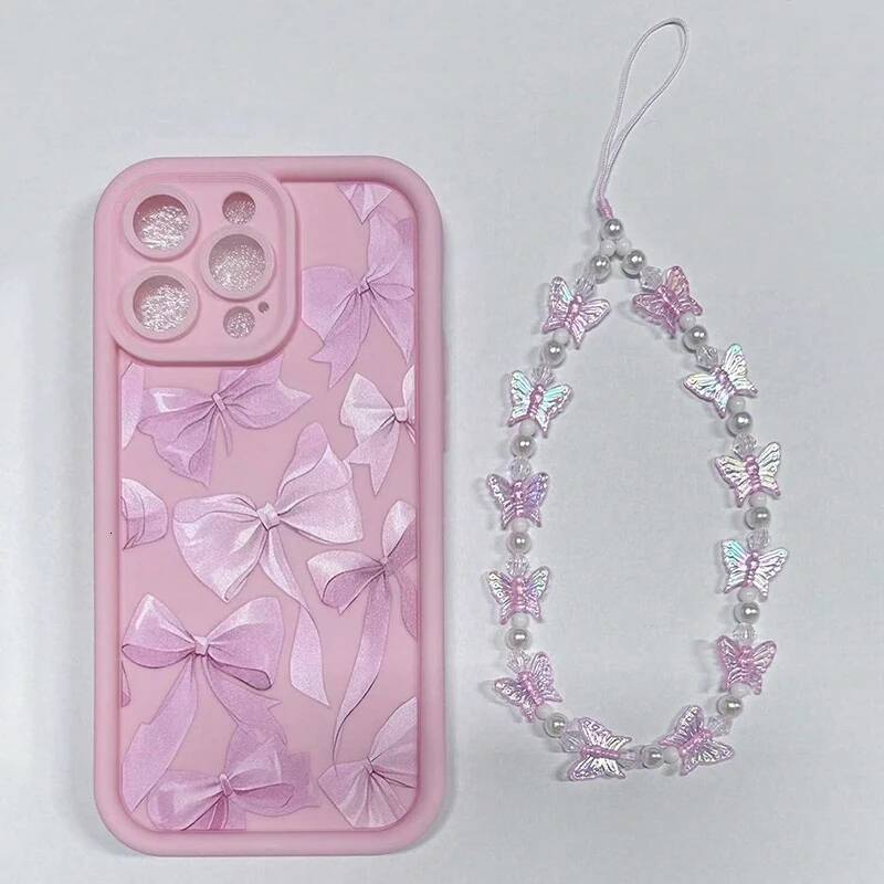 Pink Bow Pattern Silicone Phone Case For iPhone 16 17 15 14 13 12 11 Pro Max 16E X XS XR 7 8 Plus Butterfly Charm Cover