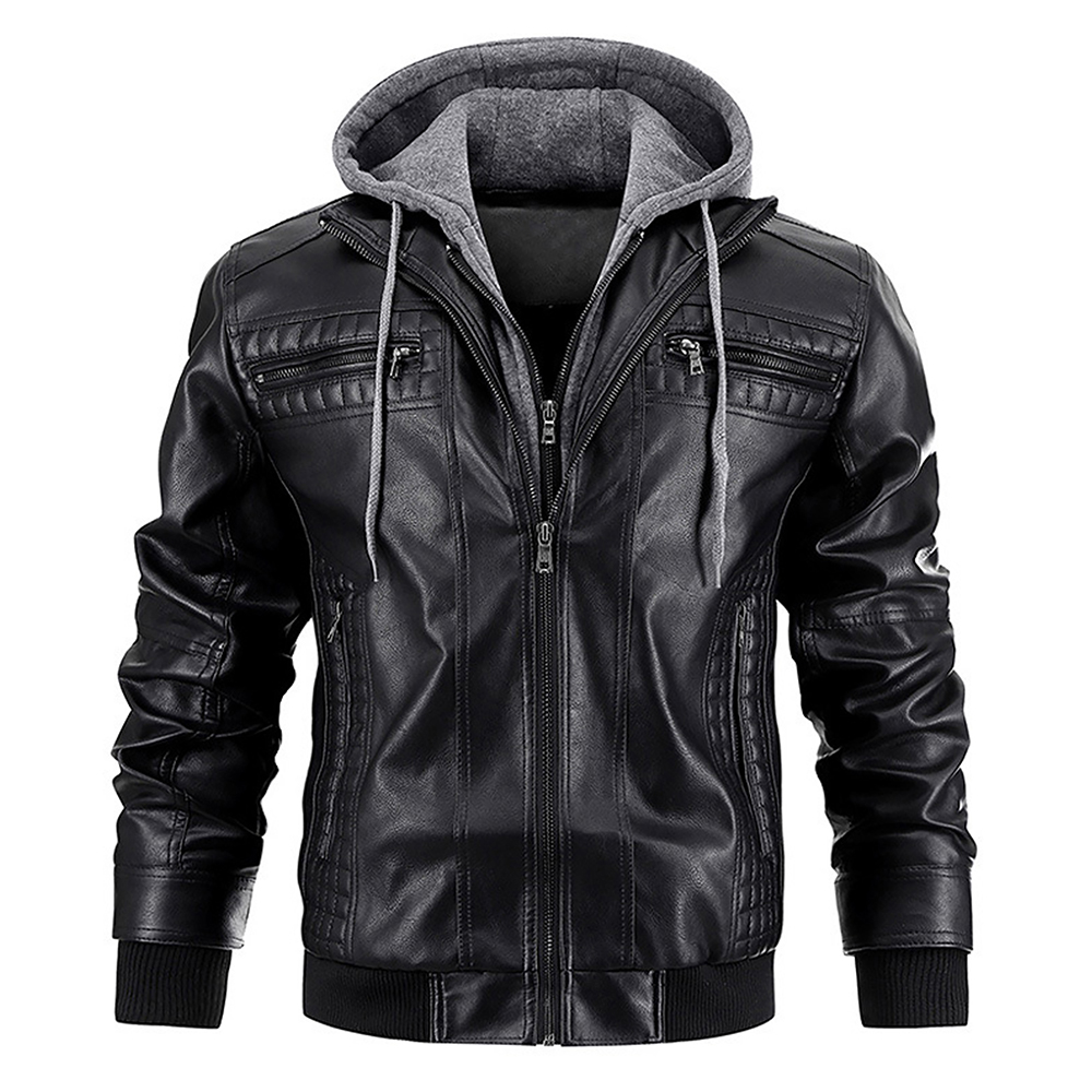 Men's Leather Jackets Autumn and Winter Hooded Motorcycle Jackets Windproof Coldproof and Warm Men Coat Jacket